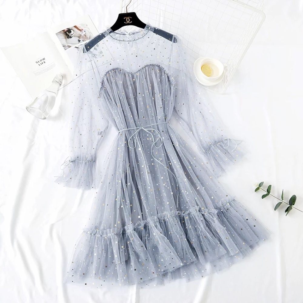 Dress fairy mesh Ruffle pastel peacock blue sequin stars moon - Picture 8 of 8